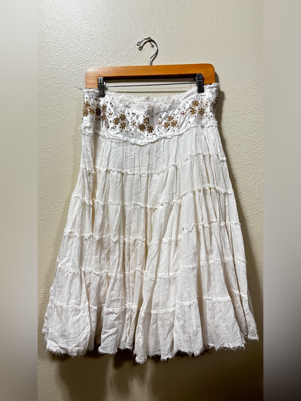 Dare Bohemian White Tiered Cotton Skirt with Embroidered Waist